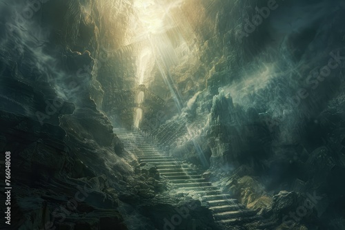 Sunlit ancient staircase in a cavern - A sunbeam illuminates the path of a weather-worn stone staircase in a misty cavern, creating an aura of discovery