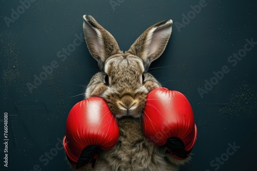 Rabbit with boxing gloves on dark background - A humorous image of a rabbit with boxing gloves covering its ears posing ready to fight