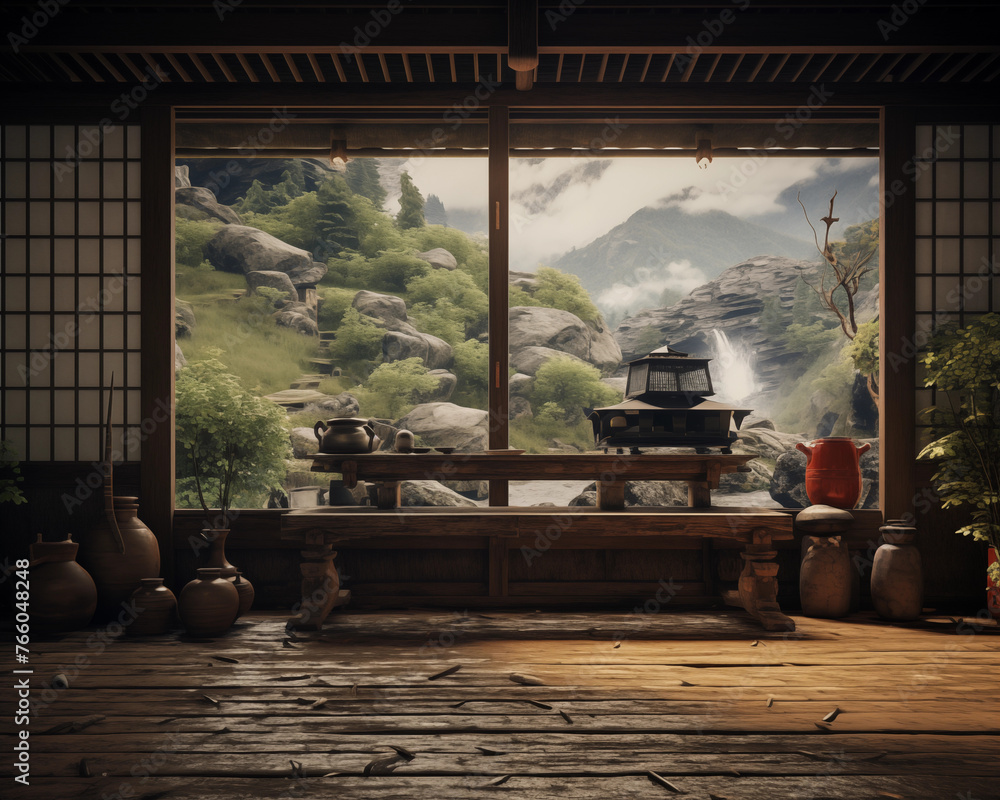 Abstract Japanese style living room with large windows. Landscape of mountains, water and fog. Use it as a studio for fashion photography or other luxury items.