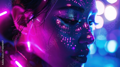 A futuristic beauty concept featuring holographic makeup and accessories. The subject is in a sleek, neon-lit environment,  © Alex