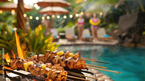 A Hawaiian luau-themed BBQ, where a grill by the poolside serves up teriyaki chicken and pineapple photo