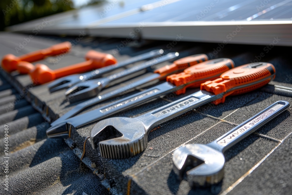 Fototapeta premium Image of engineering objects on workplace,tool equipment with solar panel.