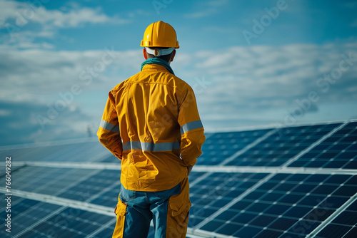 Engineer wearing a helmet inspects solar system, electrician or technician with solar cell system,Worker doing maintenance work and check efficiency solar panel with clean energy technology.