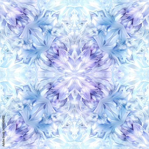 A blue and white floral patterned design with a purple flower in the center