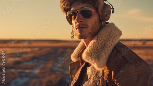 A menswear collection inspired by the golden age of aviation, featuring bomber jackets, aviator sunglasses, and shearling collars photo