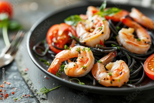 Black pasta with shrimp on wooden texture - An appetizing plate of black squid ink pasta with shrimp on a rustic wooden background for texture