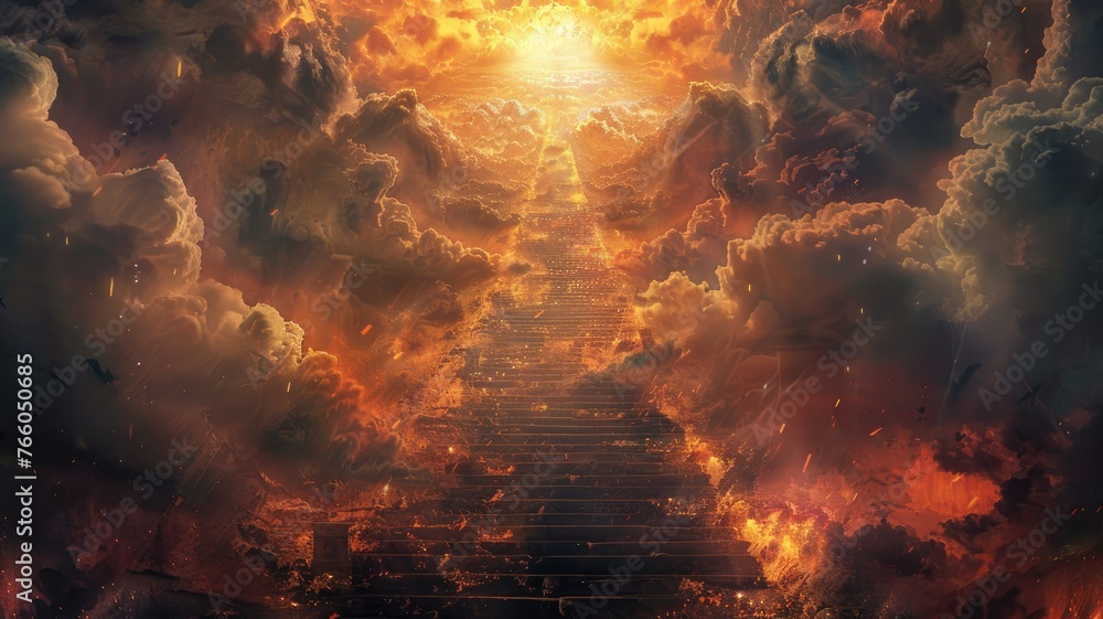 Stairway to heaven in a fiery sky - A captivating artwork depicting a staircase leading to a luminous, fiery sky amidst clouds, inspiring awe