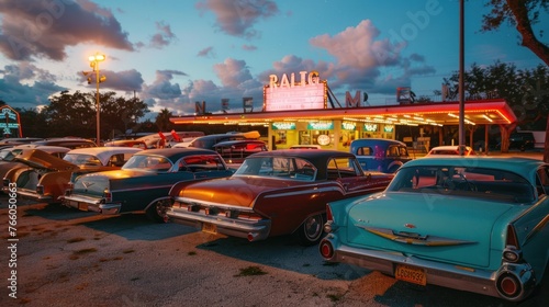A nostalgic drive-in movie theater, where carhops deliver juicy burgers and thick milkshakes to movie-goers in their vehicles. 