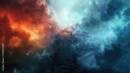 Stairway leading up to a divine light in clouds - This intriguing image depicts a stairway winding up to a celestial realm in a contrasting scene of serenity and turmoil in the clouds photo