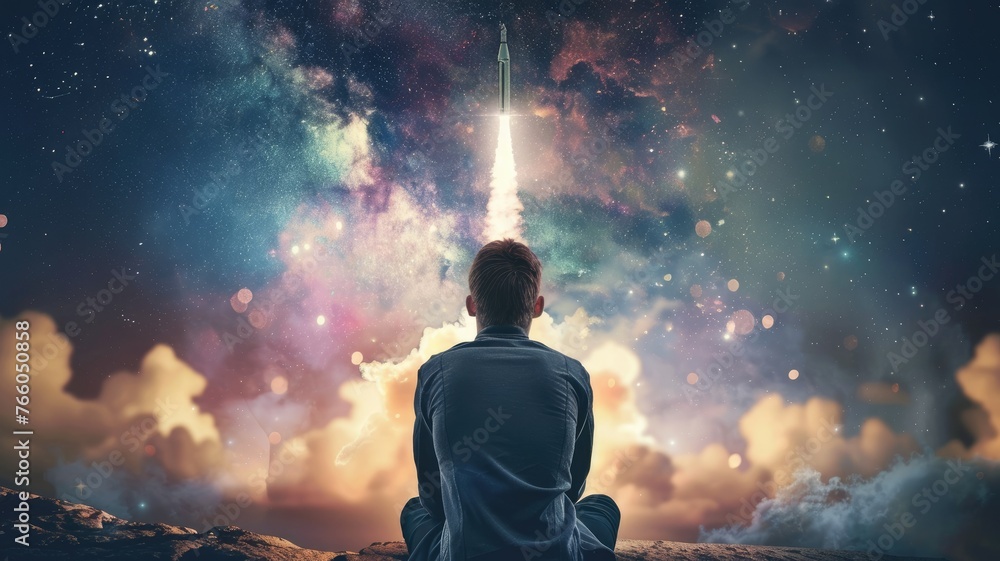 Man pondering under galactic space launch - A contemplative person sits watching a spacecraft launch into a starry sky, representing ambition and wonder