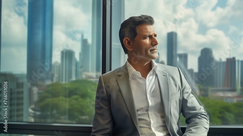 mature optimistic Latino Hipanic businessman executive CEO in corporate modern office thinking contemplating and looking out window skyscraper cityscape daytime with room for text