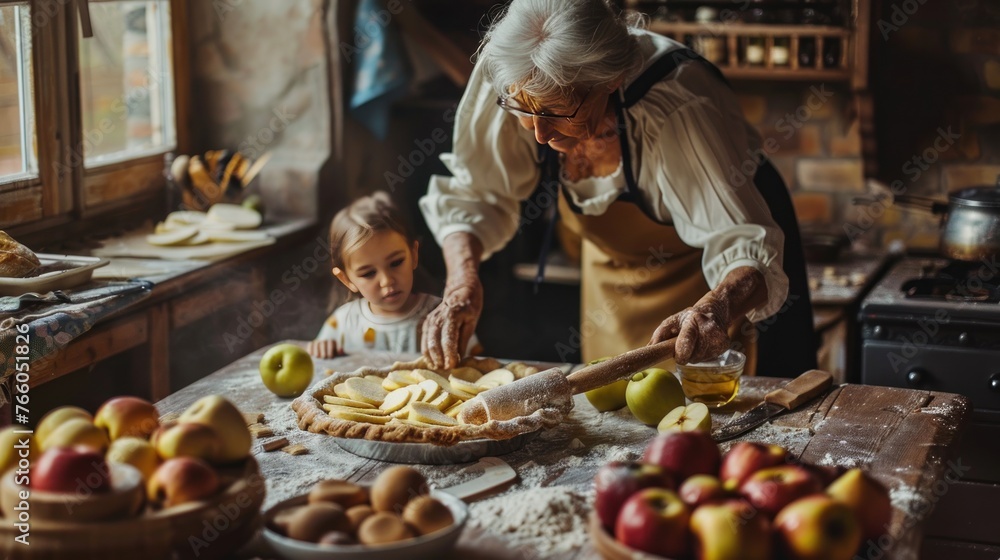 A rustic kitchen where a grandmother teaches her grandchild to bake a ...