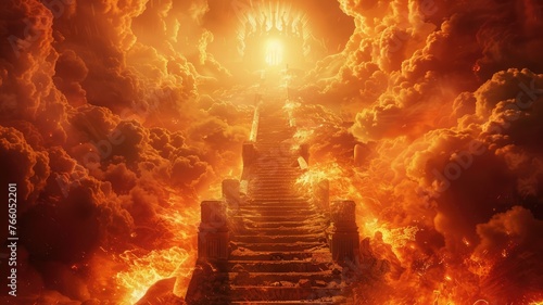 Apocalyptic staircase to a fiery light above - A surreal depiction of an apocalyptic scene with a staircase leading to a fiery light, invoking end times