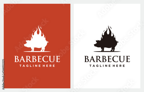 Grilled Pork Pig Boar Fire Flame Red Vintage BBQ Barbecue Logo design inspiration