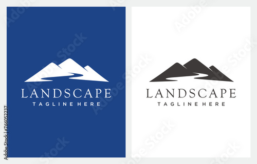 Landscape Hills Mountain Peaks River Creek Silhouette logo design vector