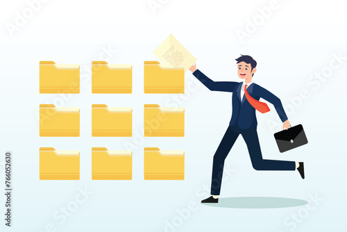 Businessman organise document file into archive folders, Organise files folder or archive document to be index, administration work, plan or file management, arrange online data or paperwork (Vector)