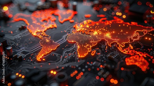 The illuminated digital map of the world is engraved on a dark printed circuit board. Innovative PC. Generative AI