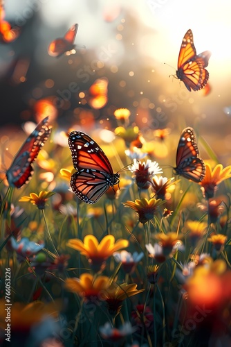 Butterflies effect flying over flowers garden , nature background for wallpaper and illustration 