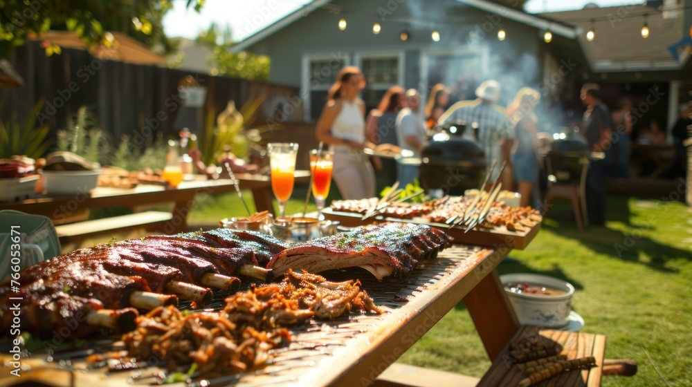 A Southern-style BBQ feast in a spacious backyard, with smoked ribs, pulled pork, and cornbread on the 