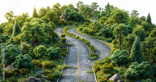 A road winds through a lush forest  with trees and terrestrial plants lining the asphalt thoroughfare  creating a beautiful natural landscape view from above