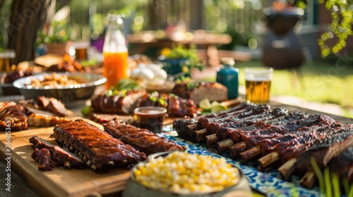 A Southern-style BBQ feast in a spacious backyard, with smoked ribs, pulled pork, and cornbread 