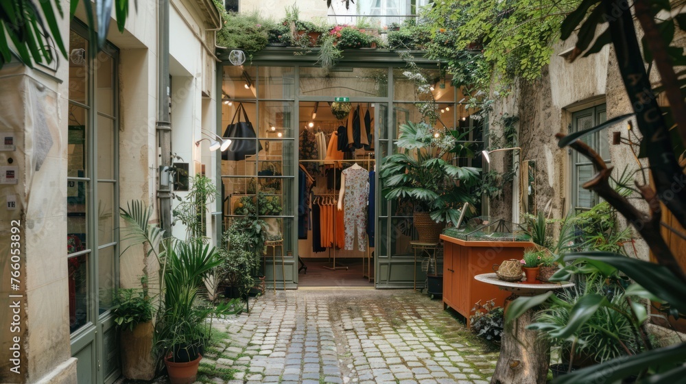A sustainable fashion showcase set in a lush, green Parisian courtyard, highlighting eco-friendly d