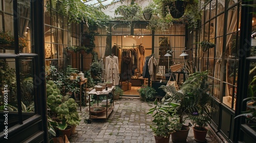 A sustainable fashion showcase set in a lush, green Parisian courtyard, highlighting eco-friendly designs 