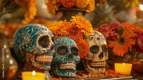 A traditional Mexican Dia de los Muertos celebration, where families honor their ancestors with offerings of sugar skulls and pan de muerto. The colorful and 