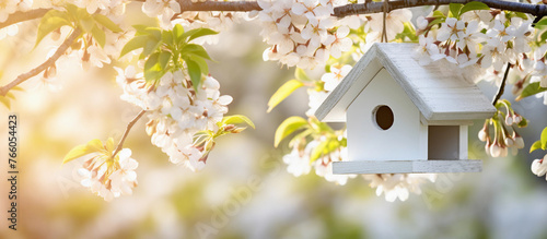 Spring birdhouse with spring cherry blossom background. Spring Birdhouse Amidst Cherry Blossoms
