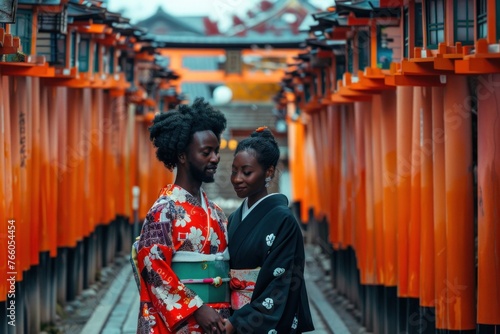 African-American couple in Japanese kimono at Fushimi Inari Shrine, Kyoto, Japan, admire Japanese culture and architecture.