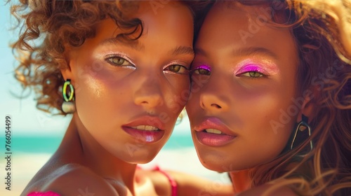 A tropical beauty editorial capturing the vibrant colors of a beach sunset, with models sporting 
