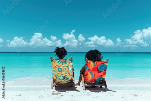Two friends enjoying a relaxing day on beach chairs, taking in the breathtaking ocean vista. Ideal for travel and holiday themes.