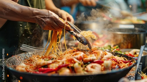 A vibrant street food market in Southeast Asia, where a vendor skillfully prepares a spicy spaghetti stir-fry 