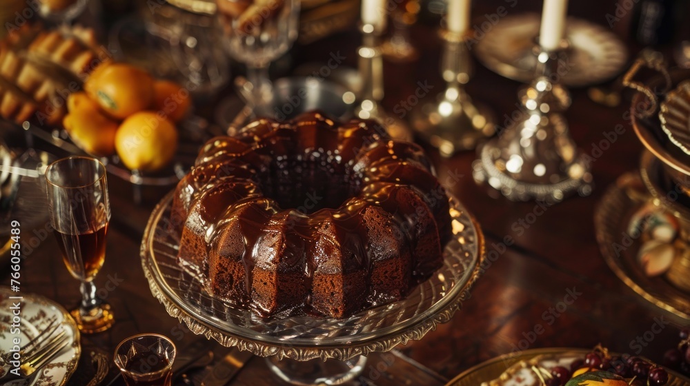 A vintage-themed cocktail party where the dessert of choice is a boozy rum cake, soaked in dark rum and topped with a rum glaze. 
