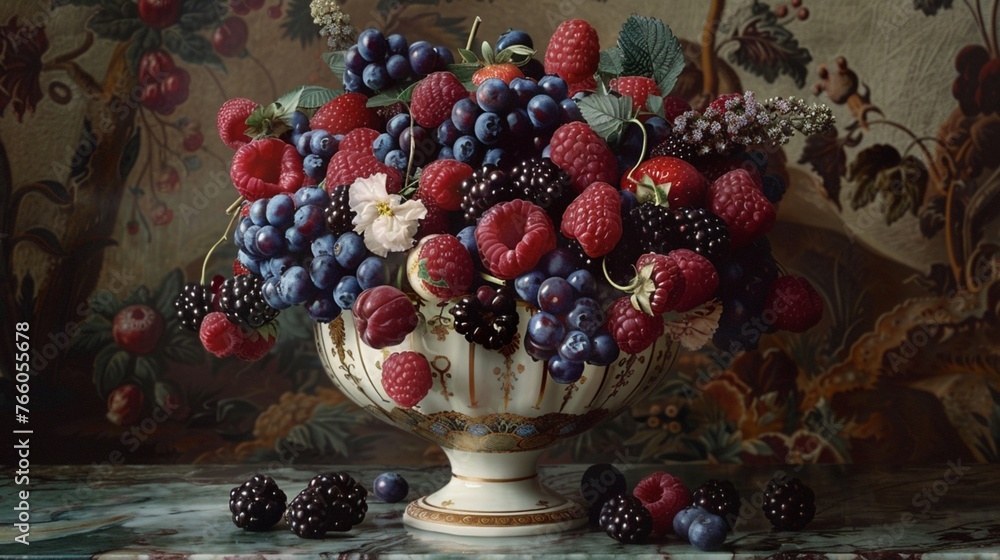 A medley of blueberries, raspberries, and blackberries arranged in a decorative porcelain vase, offering a feast for the eyes.