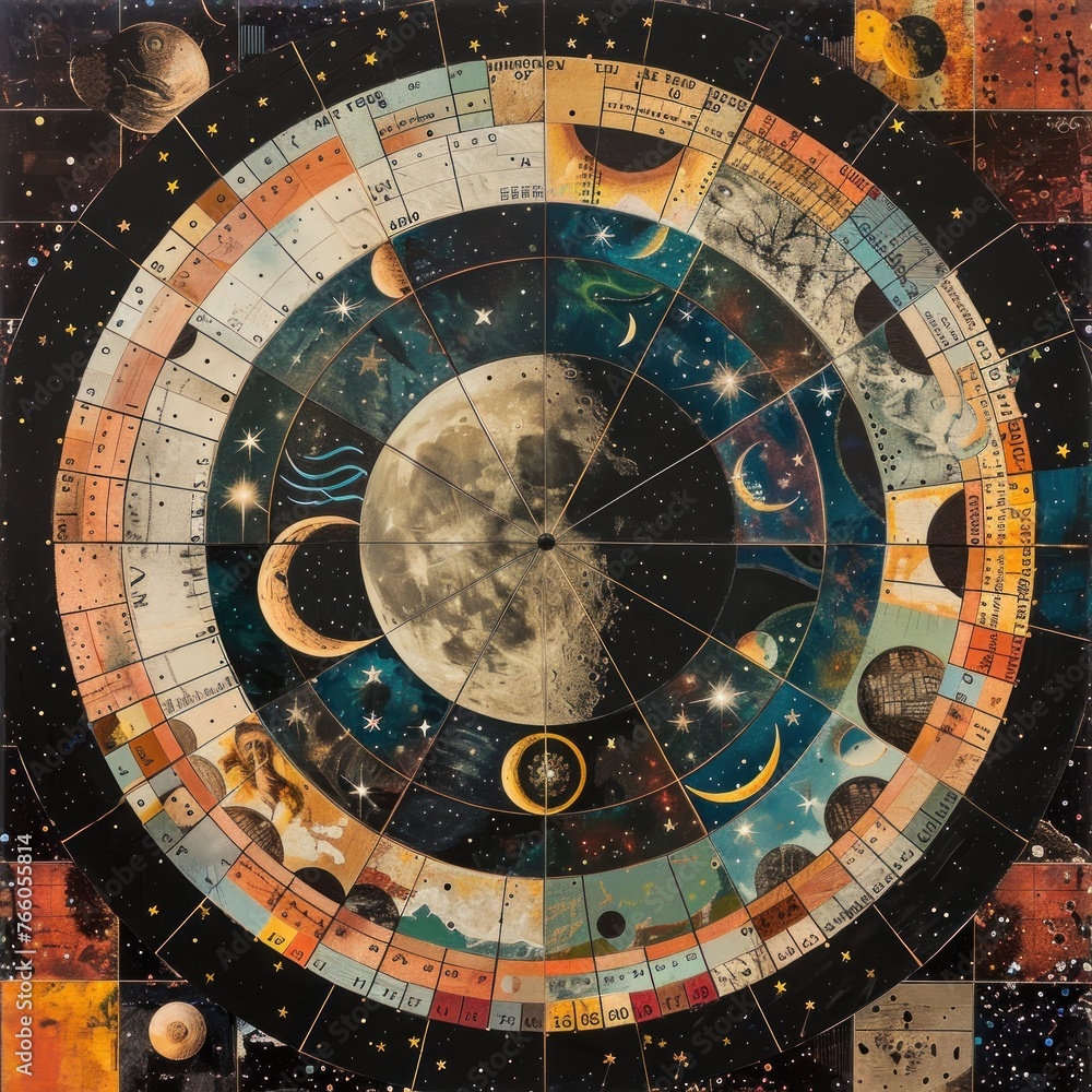 Create a striking composition showcasing how different cultures interpret time using symbols like calendars, celestial bodies, seasons, and ancient timekeeping devices