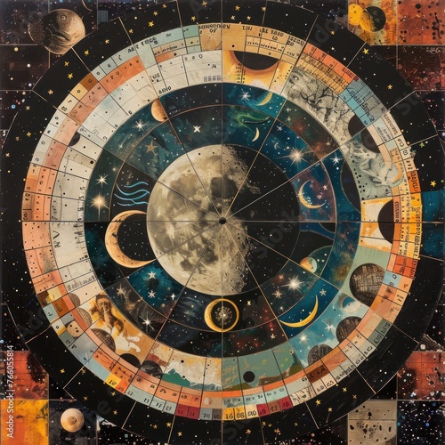 Create a striking composition showcasing how different cultures interpret time using symbols like calendars, celestial bodies, seasons, and ancient timekeeping devices