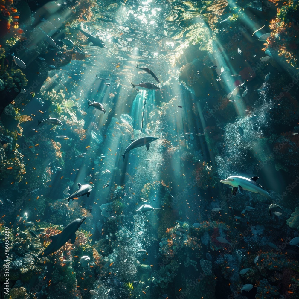 Fototapeta premium Illustrate the crucial work of preserving our oceans with a striking lowangle shot Highlight the synergy between conservationists and underwater creatures