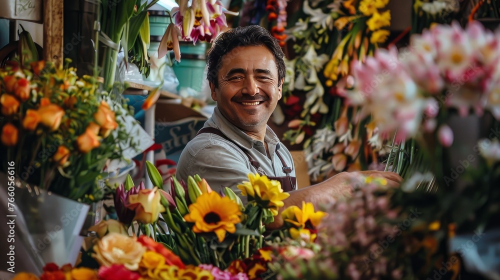 A happy florist man is seen making a bouquet at a flower shop, emphasizing the connection between