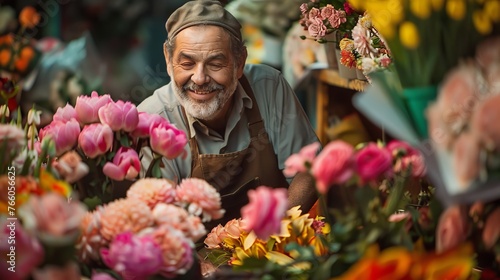 A happy florist man is seen making a bouquet at a flower shop, emphasizing the connection between © Emil