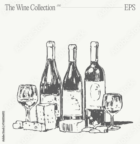 Bottles of wine, glasses and grapes on a table. Hand drawn vector illustration, sketch.