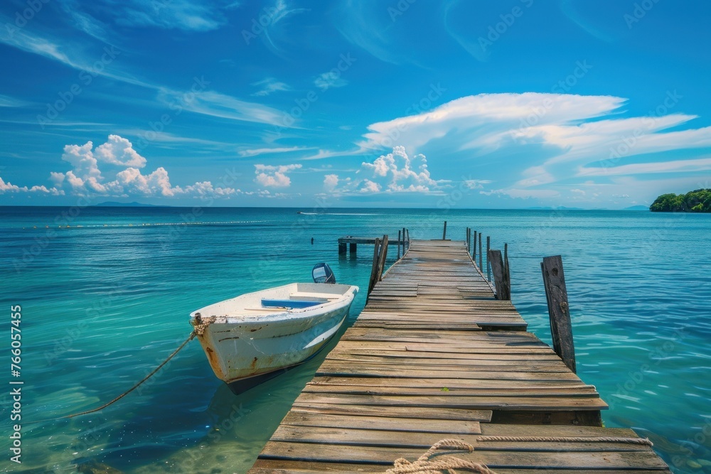 Obraz premium Wooden pier with a boat on a clear blue sea and sunny sky