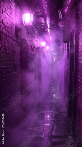 Surreal Photography of a hallway lined with neon lights, dimly lit, fog. AI generative