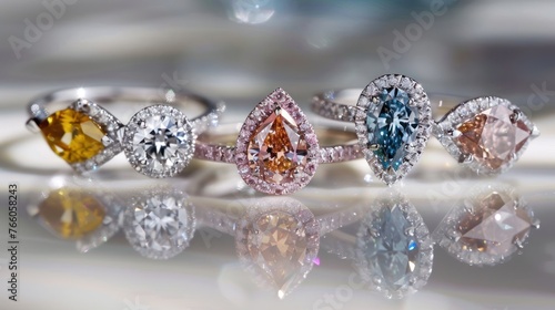 An exclusive line of engagement rings featuring rare, colored diamonds in unique hues, each set in a 