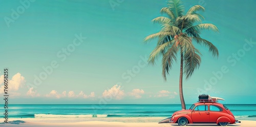 Vintage car with luggage and surfboard on the beach near palm tree against blue sky. summer © K'kriang Krai
