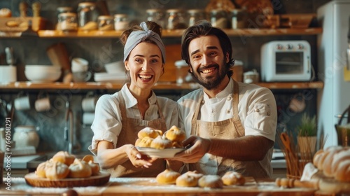 A skilled female chef and her male colleague are holding a fancy pastry and trying a new recipe for photo