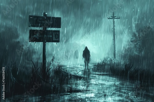A scene of a lone figure standing in the rain at a crossroads where the road signs point to nowhere photo