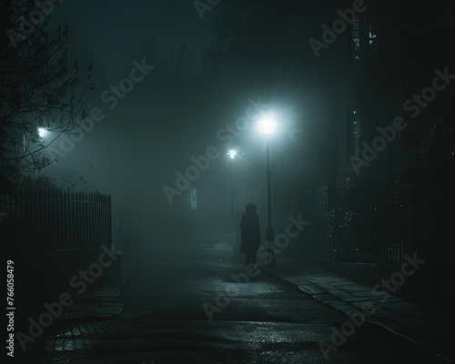 A shadowy figure standing at the end of a foggy deserted street at night