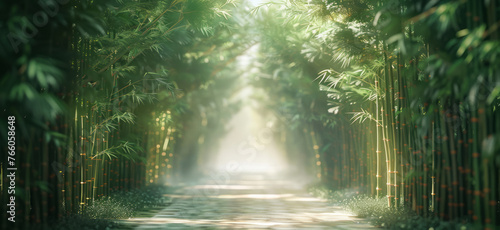A rambling path goes through a bamboo forest, in a style that is light green and light amber, with organic material and mist. photo
