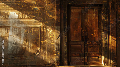 Egyptian relief panels are located on a door with some details, in a style characterized by golden light.